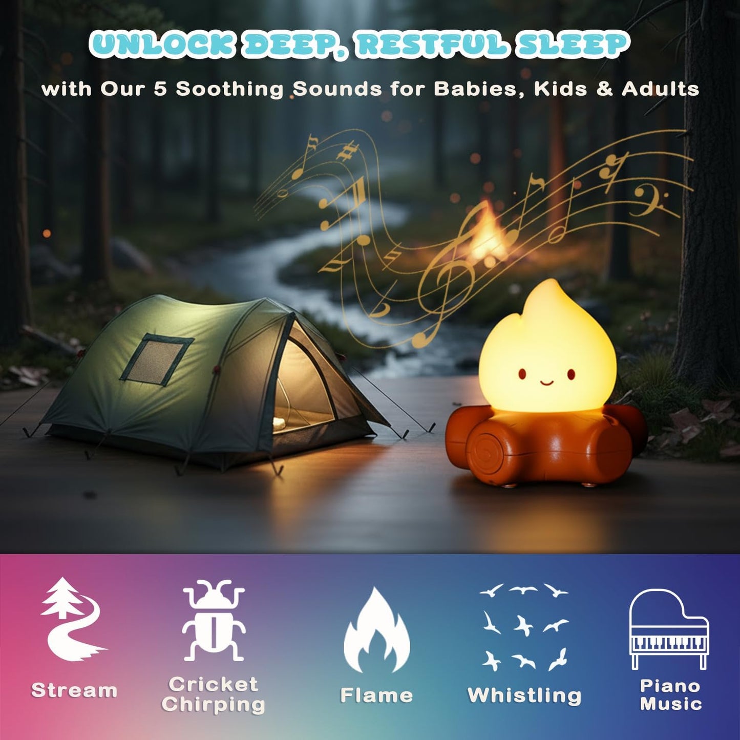 Campfire Night Light, Cute Bonfire Gifts, Silicone Night Light with Candle Mode, 5 White Noise Mode, Rechargeable Bedroom Decor, Gift for Children, Teens, Adults, Halloween, Christmas & Birthdays