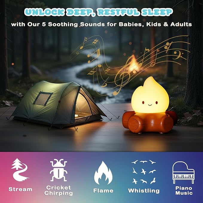 Campfire Night Light, Cute Bonfire Gifts, Silicone Night Light with Candle Mode, 5 White Noise Mode, Rechargeable Bedroom Decor, Gift for Children, Teens, Adults, Halloween, Christmas & Birthdays - Bloomnest