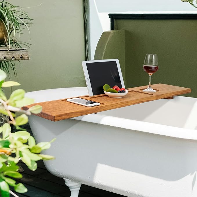 VaeFae Teak Bathtub Tray Table, Wooden Bath Board for Tub with Wine and iPad Holder - Bloomnest