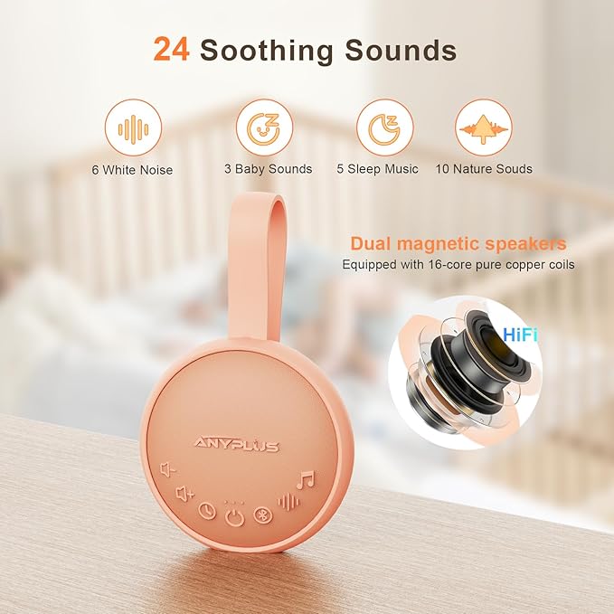 White Noise Machine for Sleeping Adults & Baby, Portable Sound Machine with 24 Soothing Sounds, Bluetooth 5.1, Battery Powered, 3 Timer Settings, Memory Function for Home, Office, Travel (Orange)