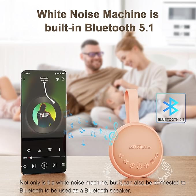 White Noise Machine for Sleeping Adults & Baby, Portable Sound Machine with 24 Soothing Sounds, Bluetooth 5.1, Battery Powered, 3 Timer Settings, Memory Function for Home, Office, Travel (Orange)