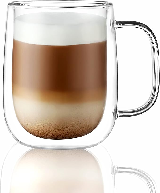 CNGLASS Large Double Wall Glass Coffee Mug 15.2oz,Clear Insulated Glass Espresso Cup with Big Handle,set of 1 - Bloomnest