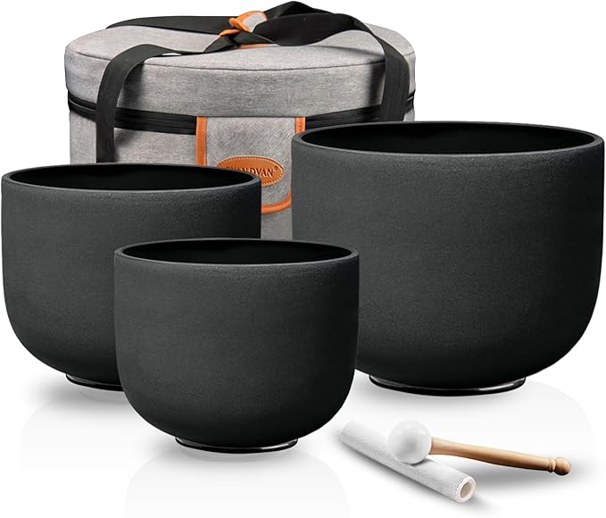 8-12 Inch Set of 3 Black Quartz Crystal Singing Bowl Chakra Set with Free Carrying Case and Suede Sticker & O-ring - Bloomnest