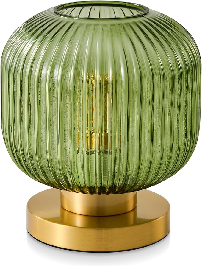 Small Green Glass Table Lamp: Mid Century Modern Dimmable Nightstand Lamps - Vintage Decor Brass Desk Lamp with Plug - Ribbed Glass Bedside Tables Lamps for Bedroom Living Room Office Bulb Excluded - Bloomnest