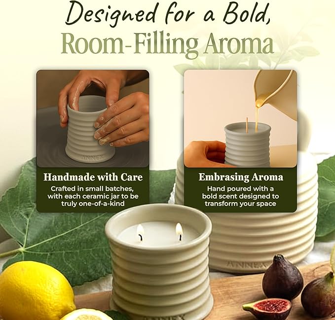 Scented Luxury Citronella Candles outdoor, Mosquito Bug Repellent | Handmade Ceramic Jars, Soy Wax | Cloudy Pillow - Fig Leaf & Lemon, Large Natural Candle | Non Toxic, 2 Wicks, Reusable Big Beige Jar - Bloomnest