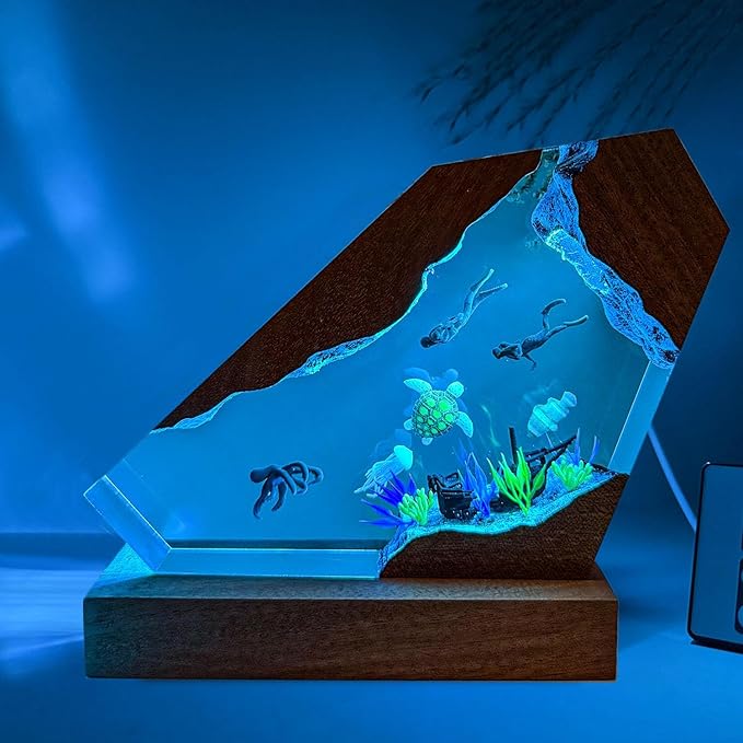 Octopus Ocean Resin Lamp, Handmade Wooden Table Resin Night Light, USB Port Art Ornaments for Home Office Decor, Scuba Diver Gifts for Birthday Holiday, Valentine's Day Gifts for Husband - Bloomnest