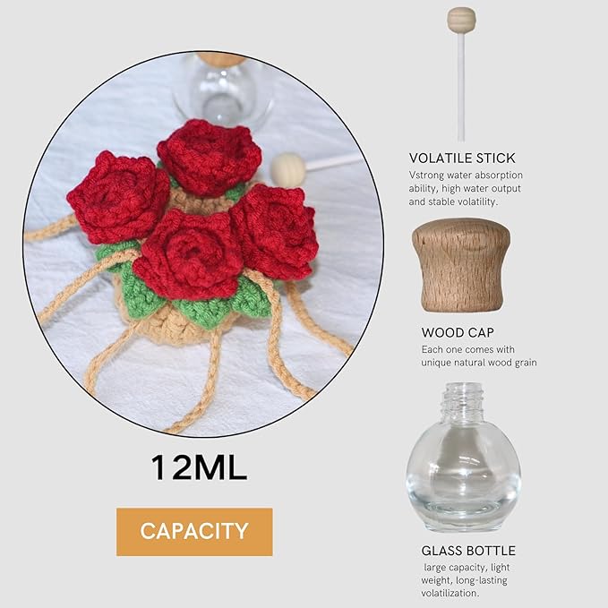 Handmade Crochet Hanging Car Air Freshener - Romantic Red Rose Design, 12ml Refillable Thick Glass Bottle, Car Diffuser for Rearview Mirror, Home & Office Romantic Decor - Bloomnest