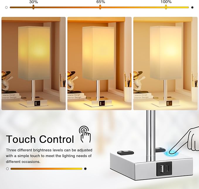 Touch Bedside Table Lamp for Nightstand - 3-Way Dimmable Night Lamp with USB A + Type C Charging Ports and Two AC Outlets, Small Desk Light with E26 LED Bulb for Bedroom Living Room Dorm Office,White - Bloomnest