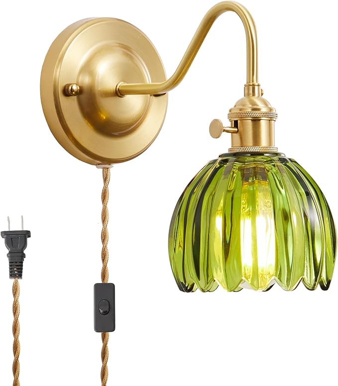 Vintage Plug-in Wall Sconce with Green Glass Shade – Brass E26 Socket Fixture, Easy Mount with Switch, Convertible to Hardwired, Accent Light for Bedroom, Vanity, Hallway - Bloomnest