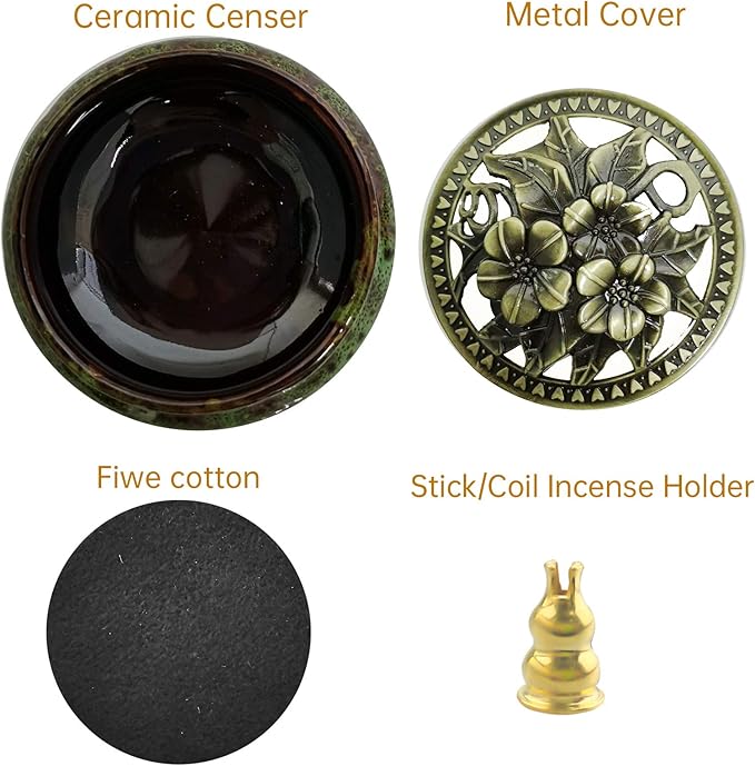 Ceramic Incense Burner with Calabash Incense Holder, 3 in 1 Stick or Cone Coil Incense Burner, Brass Lid for Yoga Spa Meditation - Bloomnest