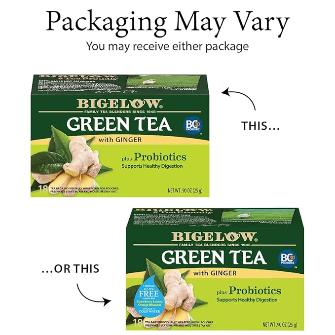 Bigelow Tea Green Tea with Ginger Plus Probiotics, Caffeinated Tea with Ginger, 18 Count Box, (Pack of 6), 108 Total Tea Bags - Bloomnest