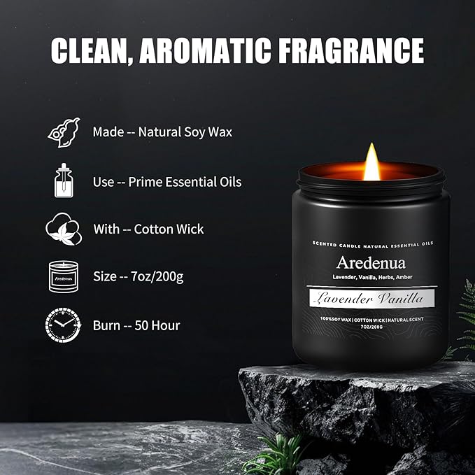 Lavender Vanilla Candle | Candle Gifts, Soy Candles for Home Scented, Aromatherapy Gifts for Women Men - 7oz Scented Candles for Home, 50 Hours Burn Time, Perfect for Relaxing Home Fragrance - Bloomnest