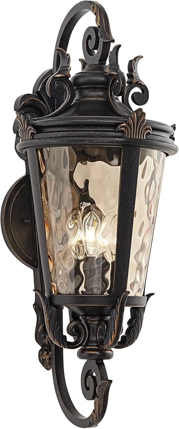 John Timberland Casa Marseille Vintage Outdoor Wall Light Fixture Veranda Bronze Scroll Frame 31" Champagne Hammered Glass for Exterior House Porch Patio Outside Deck Garage Yard Front Door - Bloomnest