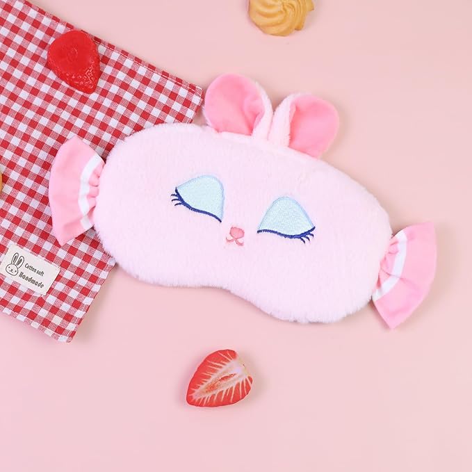 Cute Sleep Eye Masks for Kids, Kawaii Cartoon Kids Sleeping Mask for Women Boys Girls Teens, Soft Plush Adjustable Eyeshade Silk Travel Nap Eye Cover,Pink Candy Bunny - Bloomnest