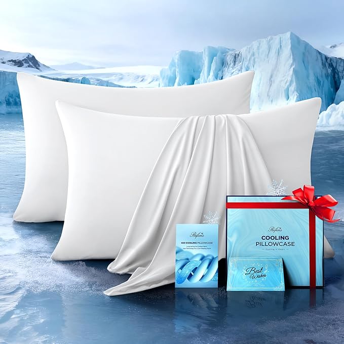 Ultra-Chill Cooling Pillowcase Set of 2 for Hot Sleepers, Softer Than Silk Pillow Cases for Protecting Hair & Skin, Breathable Bed Pillow Covers w/Zipper, Gifts for Women Men (White, Standard) - Bloomnest