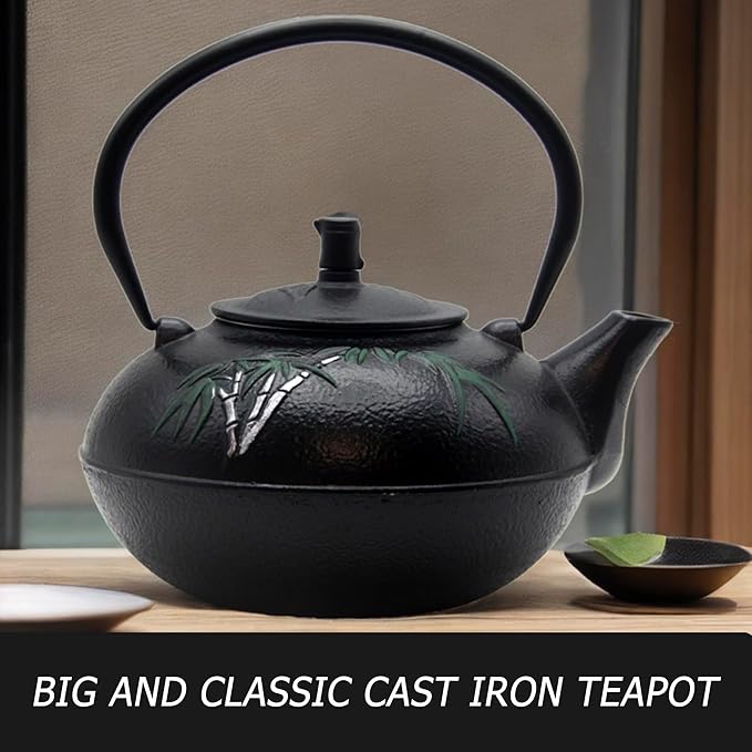 84.6oz Large Cast Iron Tea Kettle for Stovetop, Heavy Teapot with Stainless Steel Infuser for Loose Leaf, Japanese Style Tea Pot, 2500ml Black Tetsubin with Bamboo Pattern - Bloomnest