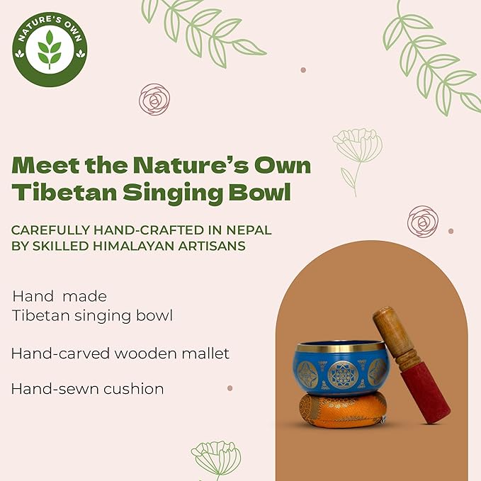 Nature's Own Tibetan Singing Bowl Set- Easy to Play- Meditation Sound Bowl Handcrafted in Nepal for Yoga, Mindfulness, Chakra Healing, Stress Relief- Spiritual Gifts for Women and Men (3.5 Inch, Blue) - Bloomnest