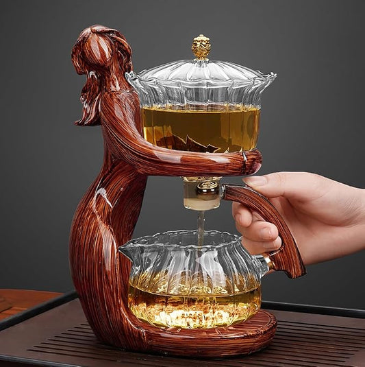 Lazy Kungfu Drip TeaPot, Heat Resistant Tea Set, Semi-Automatic Glass Teapot Suit for Magnetic Water Flow Wooden Glass Teapot Set with Cups (Red Maiden)