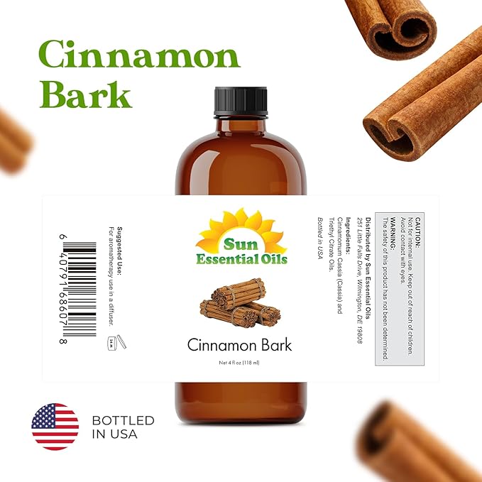 Sun Essential Oils - Cinnamon Bark Essential Oil (4 oz) with Dropper for Diffuser, Aromatherapy Massage, Skin & Hair, Fragrance for Candle, Soap & Lotion Making at Home SunEssentialOils