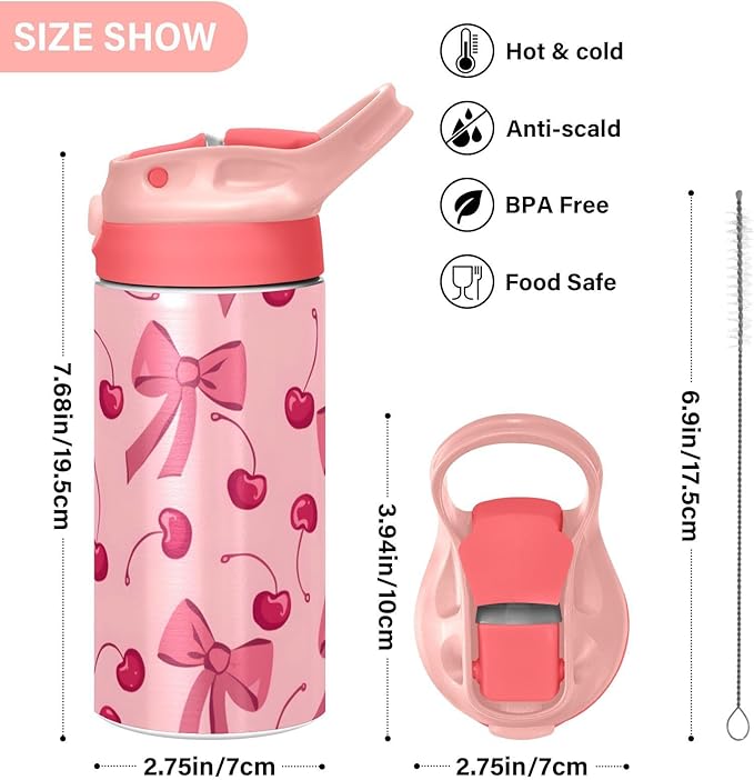 Bow Cherry Pink Kids Insulated Water Bottle, Toddlers Tumbler Travel Cup with Straw & Handle Stainless Steel Cup for Travel School Girls 12 oz - Bloomnest