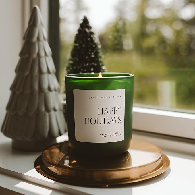 Sweet Water Decor Happy Holidays Candle - Apple Cider, Cinnamon, and Fresh Cut Christmas Tree Scented Candle for Home - 15oz Green Jar, 70+ Hour Burn Time, Made in The USA - Bloomnest