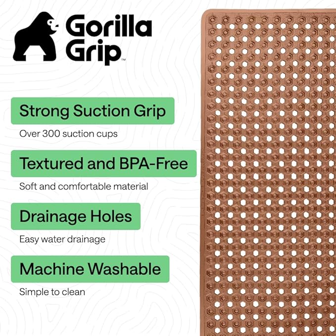 GORILLA GRIP Patented Bath Tub Shower Mat, Machine Washable Bathtub Floor Liner Mats, Suction Cups and Drain Holes to Keep Tubs Clean, Soft on Feet, Bathroom Essentials, 35x16 Inch, Brown - Bloomnest