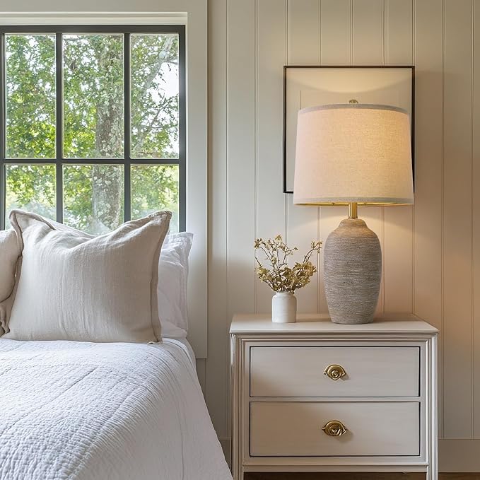 24.5" Handcrafted Ceramic Table Lamp - Single Farmhouse Vintage Rustic Bedside Lighting for Living Room, Bedroom, Entryway | Nightstand & End Table Decor with Linen Shade (Bulb Not Included) - Bloomnest