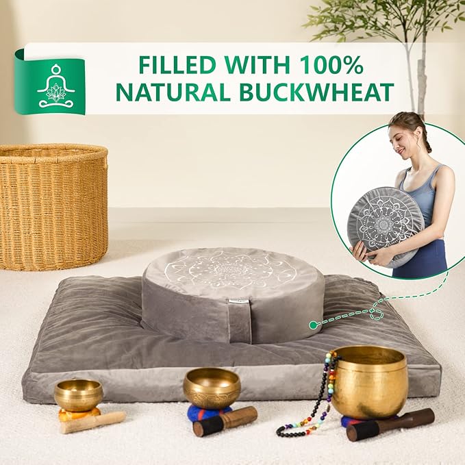 Hihealer Meditation Cushion, Traditional Tibetan Meditation Pillow Velvet Cover - Large Floor Cushion Seating for Adults - Yoga Buckwheat Bolster for Women、Moms - Bloomnest