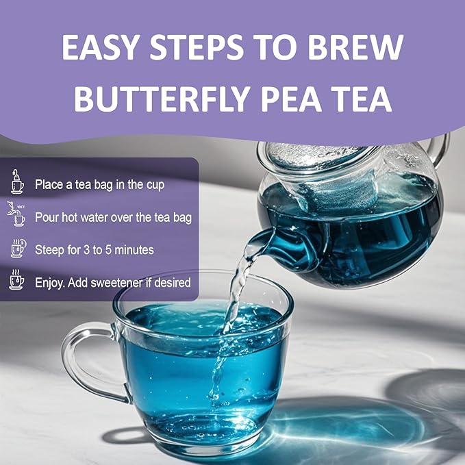 Ovikaso Tea, Butterfly Pea Flower Tea Bags, 50 Pyramid Tea Bags, 1.3g/bag, 100% Natural, Non-GMO, No Caffeine, Brew Hot or Iced tea, Baking, Cocktail, Herbal Tea - Bloomnest
