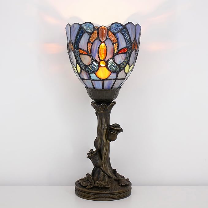 Small Tiffany Lamp Mini Stained Glass Table Lamp Blue Liaison Accent Desk Uplight W6 H13.5 Inch Bronze Resin Base - Bloomnest