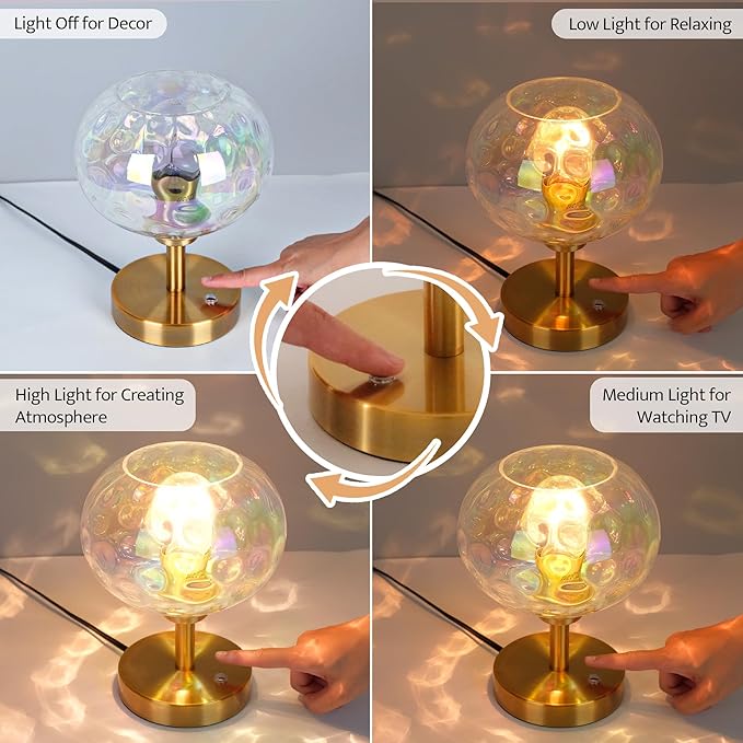 Touch Control Hammered Glass Table Lamp Brass Gold Portable Dimmable Brightness Small Nightstand Light 3-Way Stepless Dimming Bedside Bedroom Living Room (Stained Glass & Gold) - Bloomnest