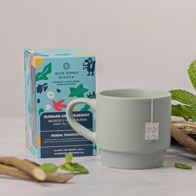 Blue Zones Nicoya - Burbark & Spearmint Flavored Tea Bags - 100% Natural, Organic, and Refreshing - High Micronutrients - Gluten, Caffeine, Sugar-Free - Pack of 18 (1.59 oz/ 45 g) - Bloomnest