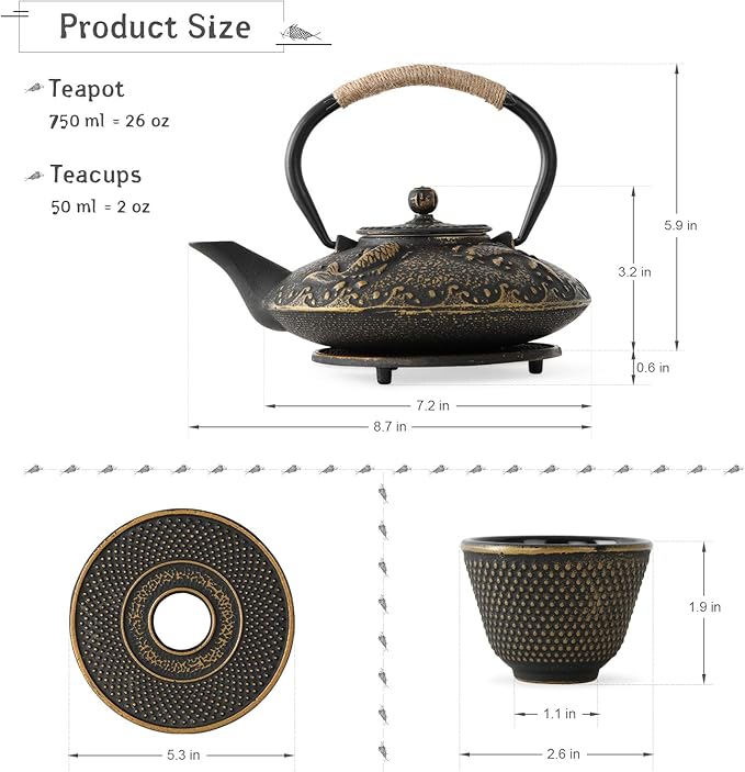Ufine Koi Fish Cast Iron Teapot Set Stove Top Tea Kettle with 4 Cups Japanese Style Tetsubin Tea Gift Set, 26 oz with Stainless Steel Infuser - Bloomnest