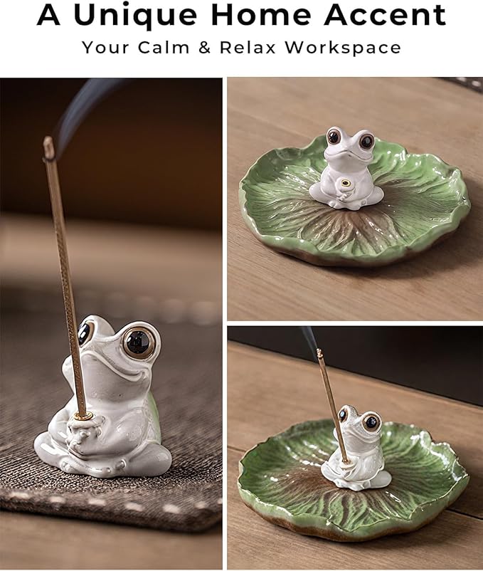 Ceramic Incense Stick Holder - Cute Frog Incense Burner with Lotus Leaf Tray Ash Catcher, Handcrafted Zen Decor for Home, Meditation, Yoga, Gift - Bloomnest