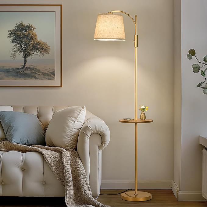 AIDENOEY Fully Dimmable Floor Lamp for Living Room，Standing Lamp Rotary Switch with Table&Linen Beige Shade，Golden Tall Lamps for Bedroom with Adjust Head，9W LED Bulb Included - Bloomnest