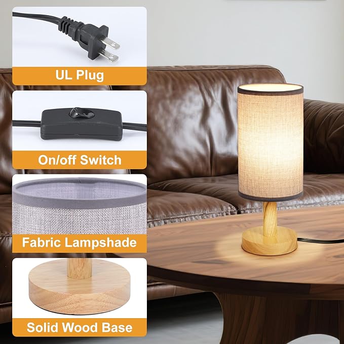 Gray Small Bedside Table Lamp for Bedroom,Natural Round Wood Base&Fabric Linen Shade,Cozy Night Table Light for Study Reading,Minimalist Boho Desk Lamp for Nightstand,Living Room,Nursery,Kitchen,Dorm - Bloomnest