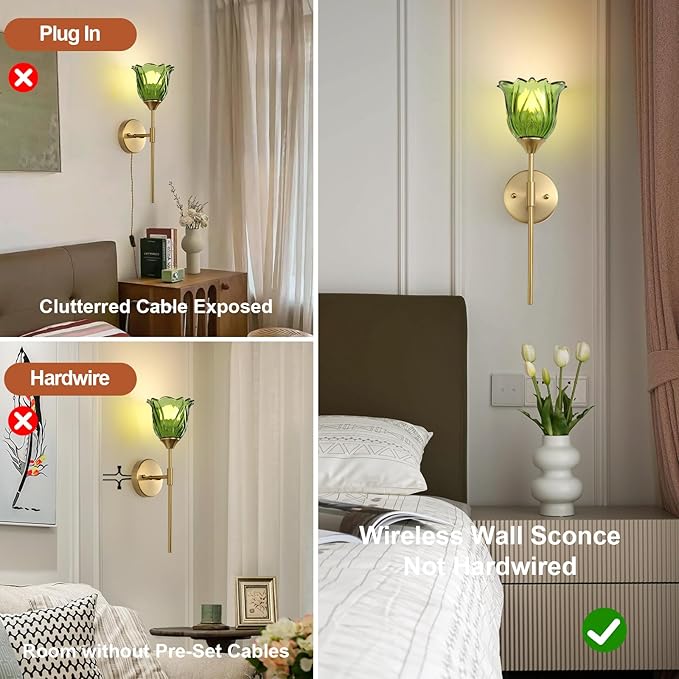 2 Pack Battery Operated Wall Sconce with Green Glass Lampshade, Mid Century Bathroom Vanity, Wireless Rechargeable RGB Wall Light with Remote Control, for Bedroom Mirror Living Room - Bloomnest