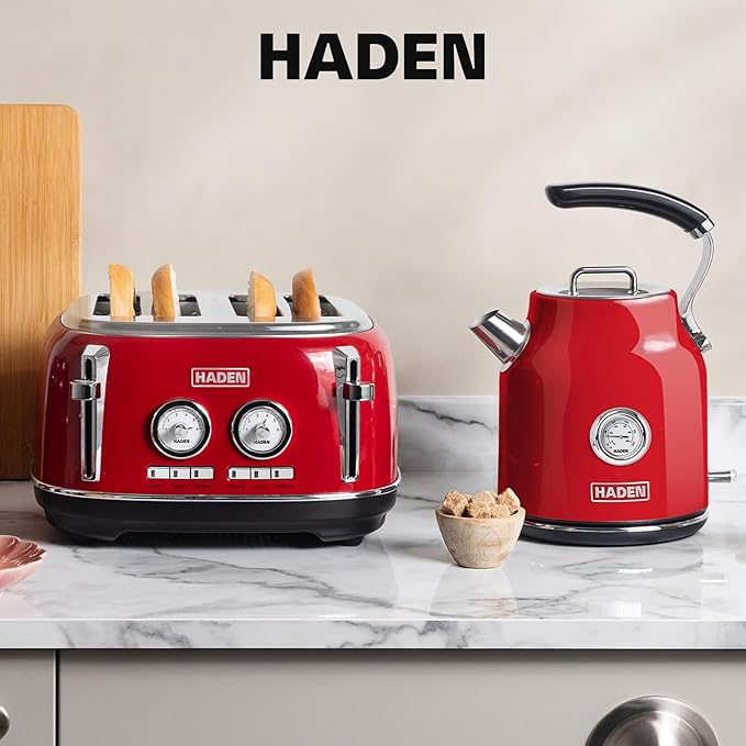 Haden Dorset 1.7 Liter Stainless Steel Electric Kettle, Hot Water Kettle with 360-Degree Base and Auto Shutoff, Rectory Red - Bloomnest