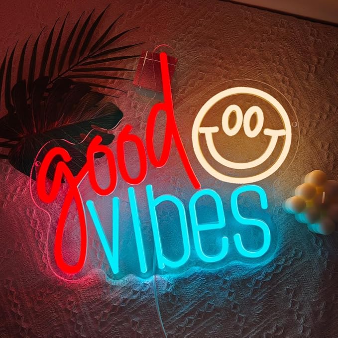 Good Vibes Neon Sign, Smile Face LED Neon Light for Wall Decor Good Vibes Light Up Lamp for Bedroom Dorm Game Room Wall Art Party Decorations Gift USB Powered(14.2"*11.8") - Bloomnest