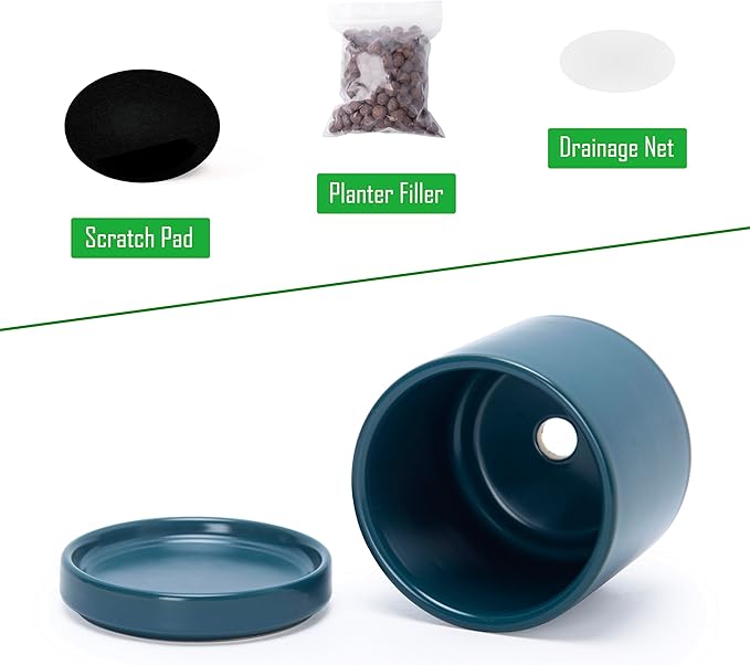D'vine Dev 3.5 Inch & 4.7 Inch Ceramic Planter Pots for Plants with Drainage Hole and Saucer, X-Small Plant Pots Set, Teal, 94-G-XS-9 - Bloomnest