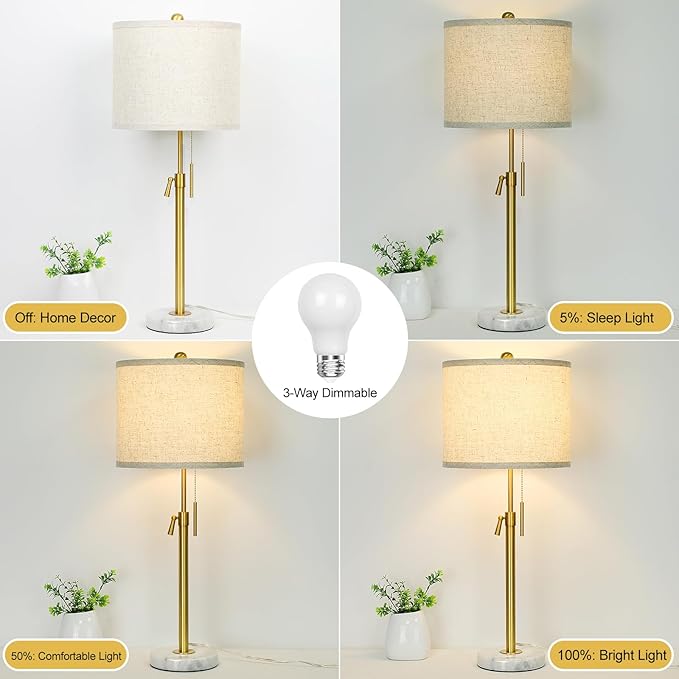 Table Lamp Set of 2: 22" to 30" Height Adjustable Pull Chain Switch for Living Room Bedroom End Table, Marble Base Beige Linen Shade Gold Nightstand Lamp for Office, Bedside Table (Gold, Beige Shade) - Bloomnest