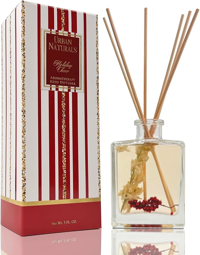 Urban Naturals Holiday Cheer Reed Diffuser Set – Cranberry, Cinnamon, Evergreen, Cedar & Smokey Wood – Made with Essential Oils – Sleek Rectangular Refillable Glass Bottle – Made in the USA UrbanNaturals