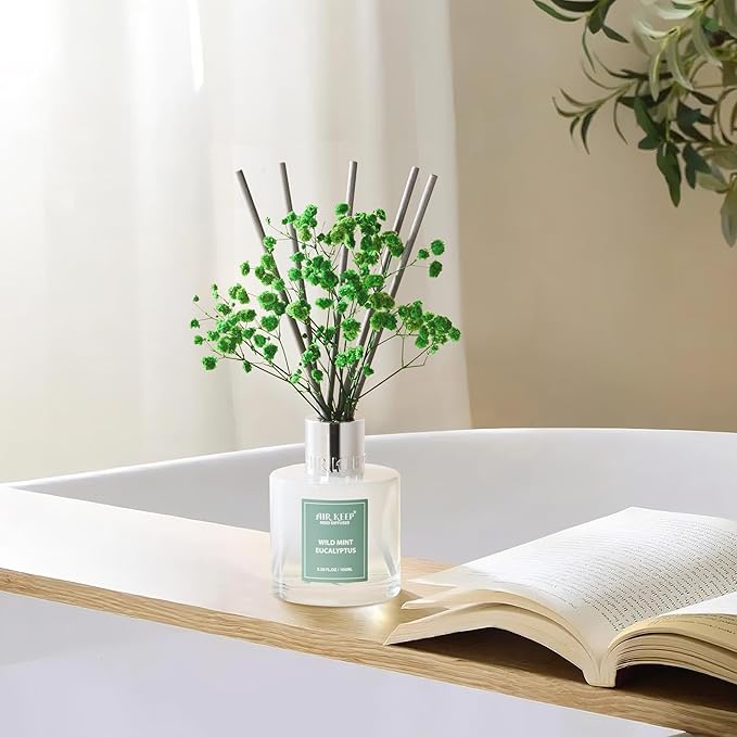 Airkeep Reed Diffuser Set,3.38 fl oz (100 ml) - Wild Mint&Eucalyptus Oil Diffusers with 8 Reed Sticks, Home Fragrance Reed Diffuser for Bathroom Shelf Decor - Bloomnest