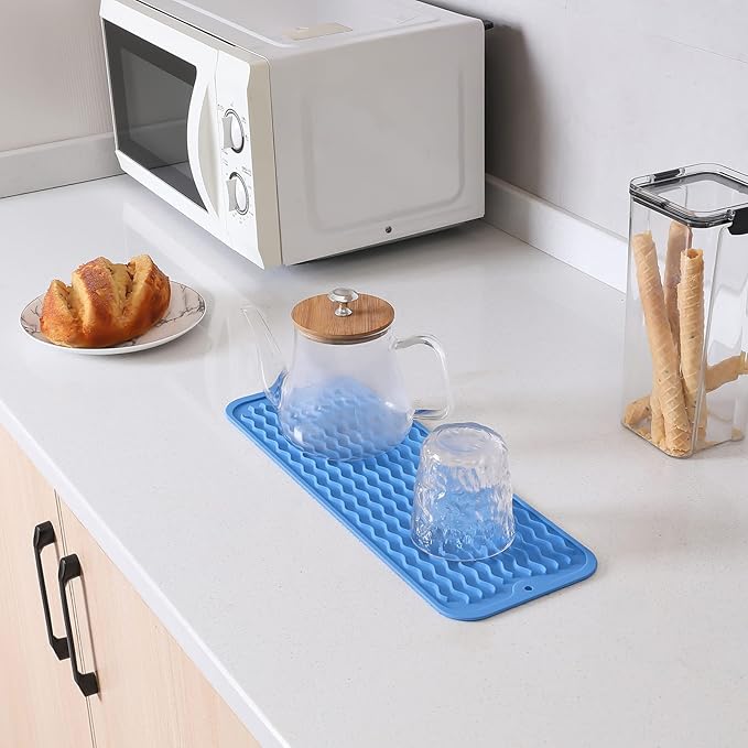 Silicone Dish Drying Mat for Multiple Usage,Easy clean,Eco-friendly,Heat-resistant Silicone Mat for Kitchen Counter,Sink,Bar,Bottle,or Cup Lichen Blue M 17 inches x 6 inches - Bloomnest