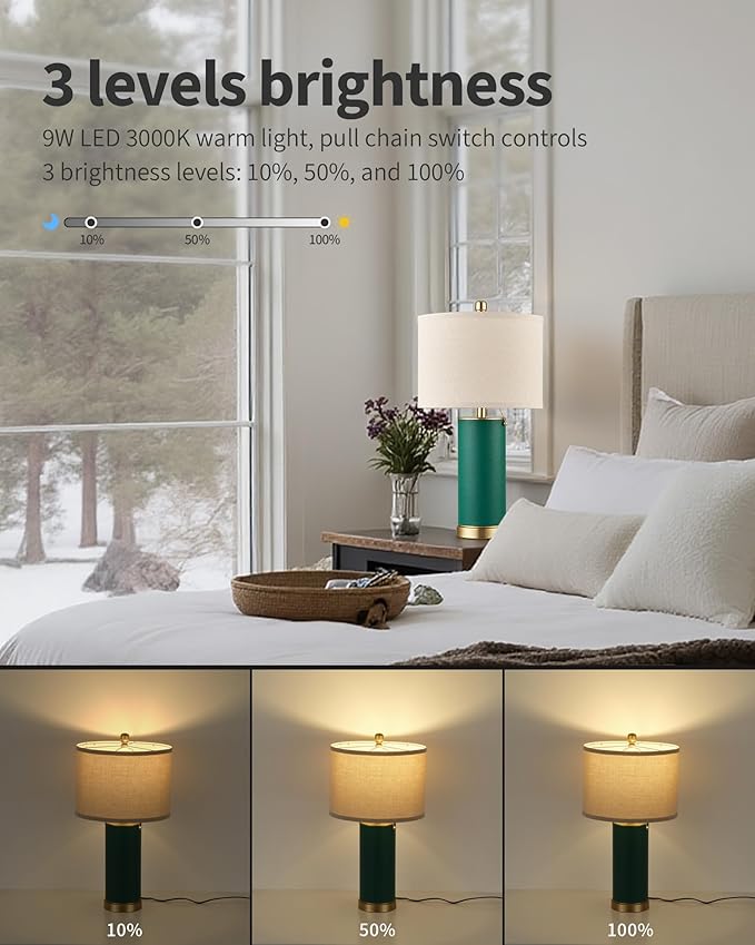 KDG 23.4" Green PU Leather Table Lamps for Living Room Set of 2, 3 Level Brightness LED Modern Home Decor Fabric Lampshade Desk Lamp Lighitng for Bedroom, Bedside, Farmhouse, Nightstand, Night Light - Bloomnest