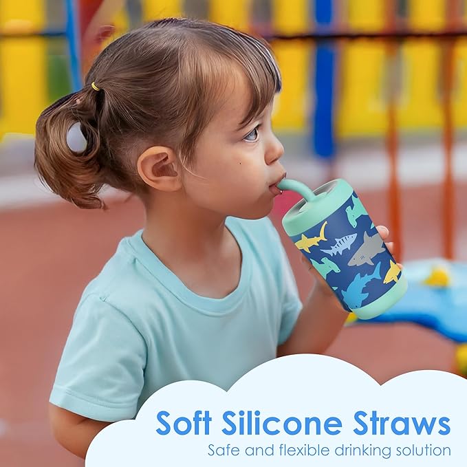 Kid Insulated Stainless Steel Tumbler with Silicone Straw, 12oz Sippy Cup for Kids (Sharks) - Bloomnest