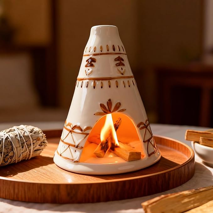 Handcrafted Palo Santo Holder Ceramic Chimney Incense Burner - Tent Shape - Safe for Palo Santo Sticks Sage & Incense Cones for Meditation Yoga Zen Altar Aromatherapy - Thoughtful Gift Idea MOUGIGI