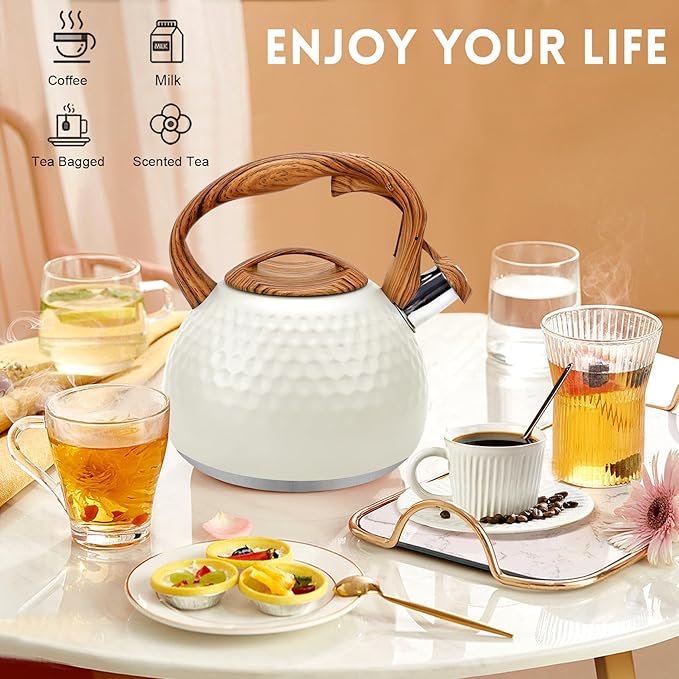 GGC Tea Kettle for Stove Top, Loud Whistling Kettle for Boiling Water Coffee or Milk, 3.1 Quart 3L Heavy Stainless Steel White Kettles with Wood Pattern Handle, Unique Button Control Kettle Outle - Bloomnest