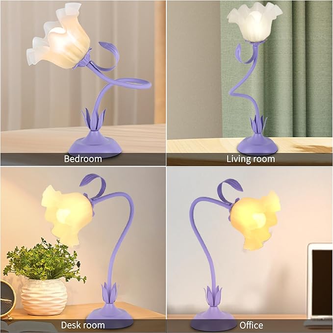 Cute Flower Desk Lamp, 3 Color Temperature Table Lamp with LED Bulb, Vintage Bedside Lamps, Reading Lamps with Soft Light for Bedroom, Living Room（Purple） - Bloomnest