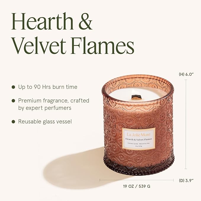 LA JOLIE MUSE Christmas Candles | Hearth & Velvet Flames | Saffron, Clove & Vanilla | 19 oz Large Wooden Wick Soy Candle | 90-Hour Clean Burn | Holiday Candle Gift | Gift-Ready for Hosts & Festive Gat - Bloomnest